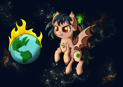 Size: 4448x3155 | Tagged: safe, artist:dumbwoofer, oc, oc only, oc:corona chan, bat pony, pegasus, pony, bat pony oc, bat wings, chaos, chest fluff, coronavirus, covid-19, death, destruction, ear fluff, earth, evil, evil grin, evil looking, evil smirk, female, fire, giant bat pony, giant pony, grin, macro, plague, planet, planet on fire, pony bigger than a planet, reupload, smiling, solo, some mares just want to hear them everyone/everypony scream for no reason, some mares just want to watch the world burn, space, spread wings, tragedy, virus, wings