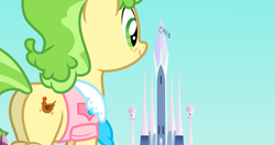 Size: 2048x1080 | Tagged: safe, chickadee, ms. peachbottom, rainbow dash, earth pony, pegasus, pony, butt, crystal empire, duo, female, flying, freckles, giant pony, giantess, macro, mare, plot, size difference