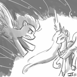 Size: 700x700 | Tagged: safe, artist:johnjoseco, princess celestia, rainbow dash, alicorn, pegasus, pony, grayscale, monochrome