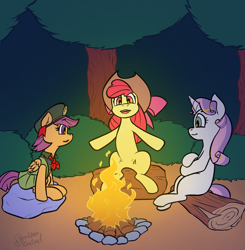 Size: 1465x1497 | Tagged: safe, artist:soulcentinel, apple bloom, scootaloo, sweetie belle, earth pony, pegasus, pony, unicorn, fanfic:twin fates, campfire, camping, clothes, cover art, cutie mark crusaders, female, filly scouts, fire, hooves, log, ribbon, rock, story in the source, story included, tree, uniform