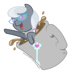 Size: 1280x1324 | Tagged: safe, artist:ravenpuff, part of a set, silver spoon, pony, chibi, coffee mug, cup, cup of pony, micro, mug, simple background, solo, transparent background, ych result