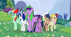 Size: 3024x1576 | Tagged: safe, artist:cmacx, oc, oc only, oc:apple danish, oc:crystal pearl, oc:orchid, oc:rainbow storm, oc:starlight sparkle, oc:twila shine sparkle, dracony, earth pony, hybrid, pegasus, pony, unicorn, adopted offspring, claw hooves, colored wings, colored wingtips, female, flower, flower in hair, goggles, hat, interspecies offspring, lidded eyes, male, mare, next generation, offspring, parent:applejack, parent:big macintosh, parent:fancypants, parent:fluttershy, parent:oc:hot rod, parent:rainbow dash, parent:rarity, parent:soarin', parent:spike, parent:twilight sparkle, parents:canon x oc, parents:fluttermac, parents:raripants, parents:soarinjack, parents:twispike, raised hoof, stallion