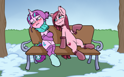 Size: 1874x1170 | Tagged: safe, artist:soulcentinel, pinkie pie, starlight glimmer, earth pony, pony, unicorn, fanfic:twin fates, alternate cutie mark, alternate hairstyle, alternate universe, bench, blushing, boots, choker, clothes, cute, duo, fanfic, fanfic art, fanfic cover, female, mare, scarf, shoes, sitting, socks, story in the source, story included