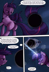 Size: 1920x2816 | Tagged: safe, artist:shieltar, part of a series, part of a set, twilight sparkle, pony, unicorn, comic:giant twilight, black hole, butt, comic, cute, dialogue, female, giant pony, giantess, glowing horn, horn, jewelry, macro, magic, magic circle, mare, necklace, pony bigger than a planet, pony bigger than a solar system, pony bigger than a star, signature, size difference, solo, space, stars, twiabetes