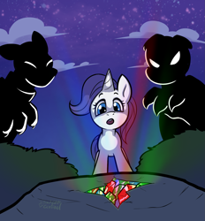 Size: 1487x1604 | Tagged: safe, artist:soulcentinel, rarity, diamond dog, pony, unicorn, fanfic:twin fates, cover art, cute, female, filly, gem, male, night, story in the source, young