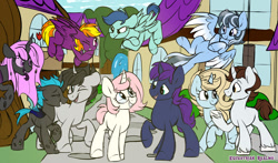 Size: 1024x602 | Tagged: safe, artist:kellythedrawinguni, oc, oc only, oc:ember, oc:kelly, oc:orchid, changeling, pegasus, pony, unicorn, changeling oc, curved horn, female, glasses, horn, male, mare, stallion