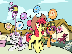 Size: 2042x1532 | Tagged: safe, artist:soulcentinel, apple bloom, pinkie pie, scootaloo, starlight glimmer, sweetie belle, earth pony, pegasus, pony, unicorn, fanfic:twin fates, alternate universe, cover art, cute, cutie mark crusaders, fanfic, female, filly, filly scouts, girl scout, hat, pictogram, pinkamena diane pie, speech bubble, spy, story in the source, story included