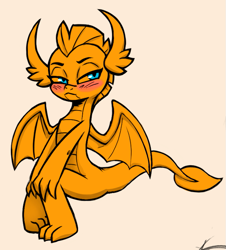 Size: 747x827 | Tagged: safe, artist:soulcentinel, smolder, dragon, blushing, claws, cute, dragoness, explicit source, female, horns, orange background, pouting, simple background, sitting, smolderbetes, solo, spread wings, toes, wings