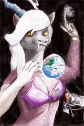 Size: 1871x2809 | Tagged: safe, artist:pegasusrioplatensis, discord, eris, anthro, draconequus, bra, breasts, cleavage, clothes, earth, female, giantess, gigant, macro, nasa, pink underwear, rule 63, this will end in death, underwear, xk-class end-of-the-world scenario