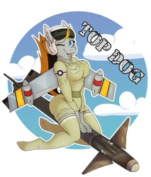 Size: 1280x1503 | Tagged: safe, artist:grumpygriffcreation, oc, oc:top dog, anthro, original species, plane pony, clothes, female, missile, one eye closed, plane, solo, stockings, thigh highs, wink