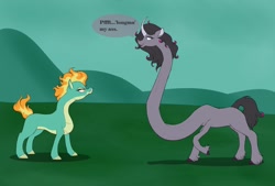 Size: 1280x863 | Tagged: safe, artist:astr0zone, oleander, tianhuo, classical unicorn, longma, unicorn, them's fightin' herds, are you frustrated?, cloven hooves, community related, duo, duo female, female, impossibly long neck, leonine tail, long neck, meme, necc, smug, teasing, unshorn fetlocks, vulgar