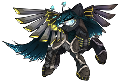 Size: 2000x1360 | Tagged: safe, artist:dino_horse, oc, oc only, oc:orchid, kaiju, kaiju pony, pony, armor, female, flying, mare, metal wing, solo, visor