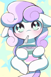 Size: 939x1425 | Tagged: safe, artist:ccc, sweetie belle, pony, unicorn, cute, diasweetes, eating, female, floppy ears, food, ice cream, mare, missing horn, solo