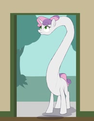 Size: 994x1280 | Tagged: safe, artist:astr0zone, sweetie belle, unicorn, bend over, doorway, impossibly long neck, long neck, necc, solo, sweetie giraffe, wat