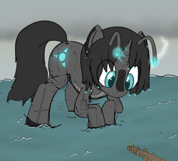 Size: 1586x1434 | Tagged: safe, artist:czu, oc, oc:orchid, human, kaiju, kaiju pony, crouching, lightning, looking down, ocean, pier, water