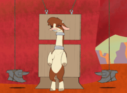 Size: 1100x801 | Tagged: safe, artist:astr0zone, arizona cow, cow, them's fightin' herds, animated, anvil, community related, gif, impossibly long neck, long neck, necc, neck stretching, one eye closed, open mouth, rack, smiling, solo, straps, stretching, stretchy, wat