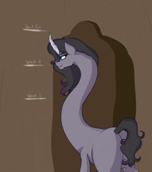 Size: 1132x1280 | Tagged: safe, artist:astr0zone, oleander, unicorn, them's fightin' herds, are you frustrated?, community related, curved horn, doorway, impossibly long neck, meme, necc, progression, solo, tall