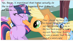 Size: 1036x589 | Tagged: safe, edit, edited screencap, screencap, applejack, twilight sparkle, earth pony, pony, zombie, friendship is magic, bacon, faic, feederjack, force feeding, insane pony thread, neck snap, tumblr