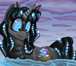 Size: 3088x2688 | Tagged: safe, artist:smirk, trixie, oc, oc:orchid, kaiju, kaiju pony, pony, unicorn, bioluminescent, boat, duo, fishing, ms paint, size difference