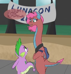 Size: 1225x1280 | Tagged: safe, artist:astr0zone, mina, spike, dragon, city, clothes, convention, cosplay, costume, dialogue, duo, impossibly long neck, long neck, lunacon, male, necc, sidewalk
