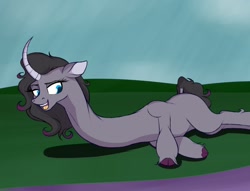 Size: 1280x978 | Tagged: safe, artist:astr0zone, oleander, unicorn, them's fightin' herds, community related, impossibly long neck, long neck, lying down, necc, on side, solo, tall, unshorn fetlocks