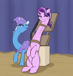 Size: 1218x1280 | Tagged: safe, artist:astr0zone, starlight glimmer, trixie, pony, unicorn, cape, cartoon physics, clothes, fetish, grin, hat, impossibly long neck, necc, neck stretching, one eye closed, open mouth, pulley, rack, smiling, stage, straps, stretching, stretchy, trixie's cape, trixie's hat, wat