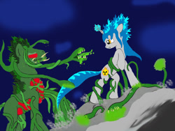 Size: 1024x768 | Tagged: safe, artist:god2000zilla, kaiju pony, plant pony, biollante, fight, godzilla, godzilla (series), ponified