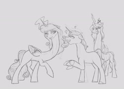 Size: 2844x2052 | Tagged: safe, artist:astr0zone, princess cadance, queen chrysalis, shining armor, alicorn, changeling, changeling queen, pony, unicorn, female, grayscale, heart, jealous, lineart, long neck, male, mare, monochrome, necc, queen chrysalis is not amused, stallion, unamused