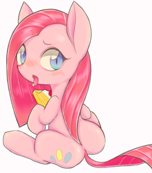 Size: 1122x1280 | Tagged: safe, artist:91o42, artist:ccc, pinkie pie, earth pony, pony, blushing, cake, female, food, mare, pinkamena diane pie, plot, simple background, solo, tongue out, white background