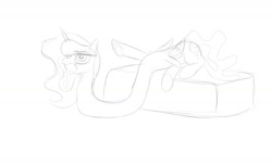 Size: 1280x773 | Tagged: safe, artist:astr0zone, part of a series, part of a set, princess luna, alicorn, pony, female, gritted teeth, impossibly long neck, lidded eyes, long neck, mare, necc, princess luneck, prone, raised hoof, saggy, sketch, solo, stretchy, underhoof