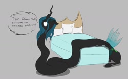 Size: 1280x796 | Tagged: safe, artist:astr0zone, queen chrysalis, changeling, changeling queen, bed, commission, dialogue, eyes closed, female, gray background, gritted teeth, impossibly long neck, long neck, necc, saggy, simple background, solo, speech bubble, stretchy, struggling, sweat, wiggle