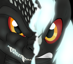 Size: 884x779 | Tagged: safe, artist:faith-wolff, kaiju, kaiju pony, pony, fanfic:the bridge, colored sclera, fanfic art, fangs, godzilla, godzilla (series), godzilla junior, growling, male, ponified, red sclera, solo, stallion, transformation