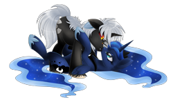 Size: 1800x1047 | Tagged: safe, artist:blackfreya, princess luna, alicorn, kaiju pony, pony, unicorn, fanfic:the bridge, colored sclera, crooked horn, crossover, crossover shipping, duo, ethereal mane, fanfic art, female, godzilla, godzilla (series), godzilla junior, godzilluna, kissing, lunazilla, male, mare, ponified, red sclera, simple background, stallion, starry mane, transparent background