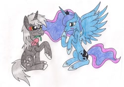 Size: 1024x717 | Tagged: safe, artist:fluttersquee6, princess luna, alicorn, kaiju, kaiju pony, pony, unicorn, fanfic:the bridge, colored sclera, crossover, crossover shipping, duo, ethereal mane, fanfic art, female, godzilla, godzilla (series), godzilla junior, godzilluna, lunazilla, male, mare, ponified, red sclera, rose, shipping, stallion, traditional art