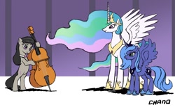 Size: 990x608 | Tagged: safe, octavia melody, princess celestia, princess luna, alicorn, earth pony, pony, bipedal leaning, bowtie, cello, cello bow, crown, female, jewelry, mare, musical instrument, regalia, s1 luna, smiling, spread wings, wings