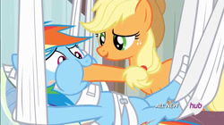 Size: 1280x717 | Tagged: safe, screencap, applejack, rainbow dash, earth pony, pegasus, pony, rainbow falls, bandage, feederjack, force feeding, hoof in mouth, hoofjack, on back, open mouth, out of context, puffy cheeks, raised eyebrow, smiling, wide eyes