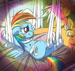 Size: 631x600 | Tagged: safe, artist:nmnkgskds, applejack, rainbow dash, earth pony, pegasus, pony, rainbow falls, feederjack, feignbow dash, force feeding, hoof in mouth, hoofjack, pixiv, puffy cheeks, scene interpretation