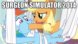 Size: 1024x576 | Tagged: safe, screencap, applejack, rainbow dash, earth pony, pegasus, pony, rainbow falls, caption, force feeding, hoof in mouth, hoofjack, image macro, surgeon simulator 2013