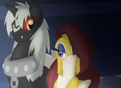 Size: 1187x863 | Tagged: safe, artist:faith-wolff, oc, oc:blade dancer, kaiju pony, pegasus, pony, unicorn, fanfic:the bridge, aroused, bedroom eyes, blushing, chains, collar, colored sclera, confused, crooked horn, crossover, duo, fanfic art, female, flirting, godancer, godzilla, godzilla (series), guardsmare, lidded eyes, male, mare, ponified, prisoner, red sclera, royal guard, stallion