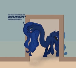 Size: 1280x1146 | Tagged: safe, artist:astr0zone, princess luna, alicorn, pony, annoyed, dialogue, disgruntled, doorway, ducking, female, floppy ears, impossibly long neck, long neck, mare, necc, open mouth, princess luneck, raised hoof, solo, twisted neck, upset