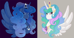 Size: 1024x520 | Tagged: safe, artist:rottingroot, princess celestia, princess luna, alicorn, pony, crown, female, horn, jewelry, mare, regalia, siblings, sisters