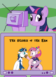 Size: 281x385 | Tagged: safe, princess cadance, twilight sparkle, alicorn, pony, spoiler:comic, crossing the memes, exploitable meme, force feeding, ham, meme, memeception, obligatory pony, ponies eating meat, screaming armor, tv meme