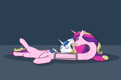 Size: 1280x845 | Tagged: safe, artist:astr0zone, princess cadance, shining armor, alicorn, pony, unicorn, female, hoof on neck, husband and wife, impossibly long neck, long neck, looking at each other, lying on top of someone, male, mare, married couple, necc, neck brace, neck stretching, on back, one eye closed, open mouth, prone, relaxing, shiningcadance, shipping, smiling, stallion, straight, stretchy, twisted neck