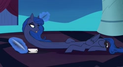 Size: 1280x699 | Tagged: safe, artist:astr0zone, princess luna, alicorn, pony, book, cup, female, food, glowing horn, happy, hoof on neck, horn, impossibly long neck, levitation, long neck, looking at self, looking back, luna's room, magic, mare, massaging, necc, open mouth, princess luneck, prone, rubbing, smiling, solo, stretchy, tea, teacup, telekinesis