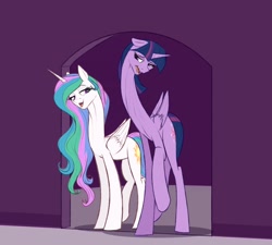 Size: 1280x1152 | Tagged: safe, artist:astr0zone, princess celestia, twilight sparkle, twilight sparkle (alicorn), alicorn, pony, doorway, duo, duo female, female, impossibly long legs, impossibly long neck, lidded eyes, long legs, long neck, looking at each other, mare, necc, open mouth, princess necklestia, raised hoof, smiling, stretched, stretchy, tall