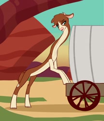 Size: 1099x1280 | Tagged: safe, artist:astr0zone, arizona cow, cow, them's fightin' herds, bipedal, bipedal leaning, cart, community related, female, impossibly long body, impossibly long legs, impossibly long neck, leaning, lidded eyes, long legs, long neck, looking down, necc, open mouth, smiling, smug, solo, stretched, stretchy, tall, wagon