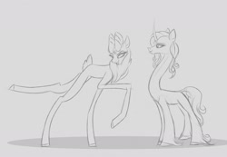 Size: 1280x886 | Tagged: safe, artist:astr0zone, oleander, velvet reindeer, classical unicorn, deer, reindeer, unicorn, them's fightin' herds, cloven hooves, community related, curved horn, doe, duo, duo female, female, horn, impossibly long legs, impossibly long neck, lanky, leggy, leonine tail, long legs, long neck, looking at each other, looking sideways, mare, necc, open mouth, pose, raised hoof, raised leg, sketch, smiling, stretchy, tall, unshorn fetlocks