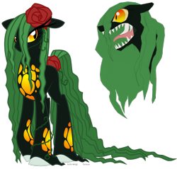 Size: 838x801 | Tagged: safe, artist:faith-wolff, kaiju pony, plant pony, fanfic:the bridge, biollante, colored sclera, fangs, female, flower, flower in hair, godzilla (series), long mane, mare, open mouth, orange eyes, plant mane, ponified, simple background, transparent background, unshorn fetlocks, vine