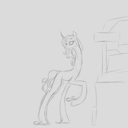 Size: 1280x1280 | Tagged: safe, artist:astr0zone, oleander, classical unicorn, unicorn, them's fightin' herds, cloven hooves, community related, doorway, impossibly long legs, impossibly long neck, lanky, leggy, leonine tail, long legs, long neck, looking at self, looking back, looking down, necc, open mouth, raised hoof, sketch, solo, stretched, stretchy, tall, temple, unshorn fetlocks