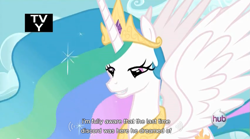 Size: 851x472 | Tagged: safe, edit, edited screencap, screencap, princess celestia, alicorn, pony, keep calm and flutter on, bedroom eyes, caption, hub logo, tv rating, youtube caption